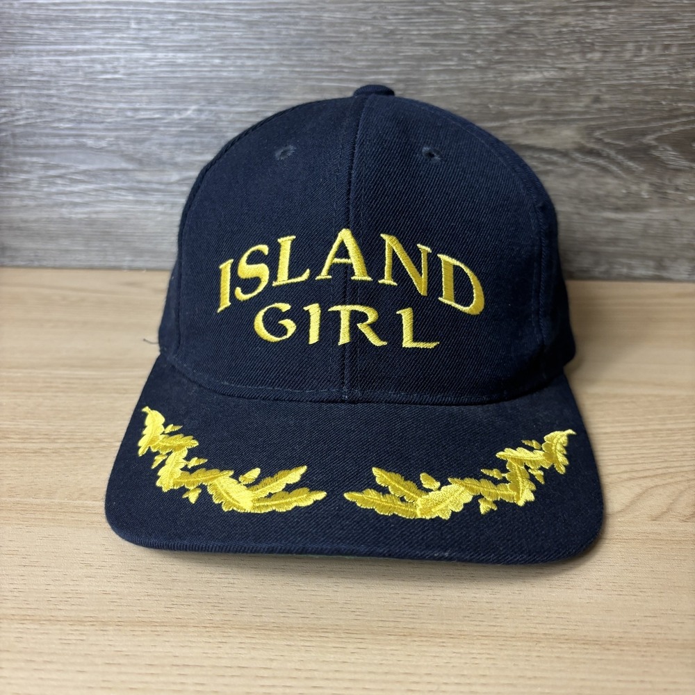 Vintage Island Girl Hat Cap Strap Back Navy Blue Embroidered Leaf Womens 90s